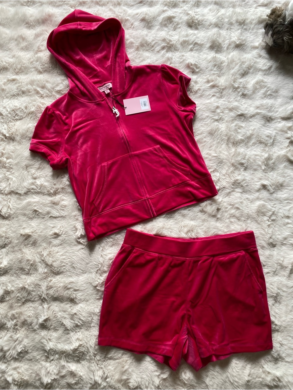 Juicy Couture Velour Short Sleeve Hoodie & Shorts Set in Hot Pink